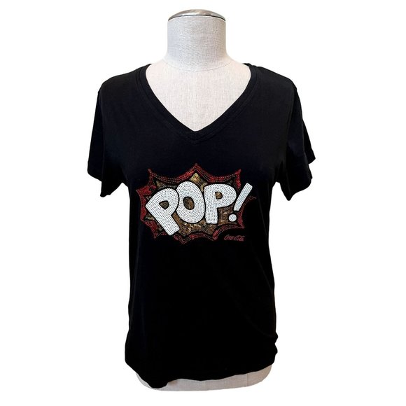 Women's Coca-Cola 'POP' Bling V-Neck T-Shirt Size Medium Pre-Owned - Picture 1 of 4
